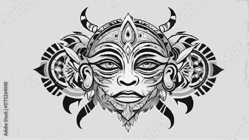 Tribal mask tattoo with skull and wing elements, a black and white vector illustration of a scary death head