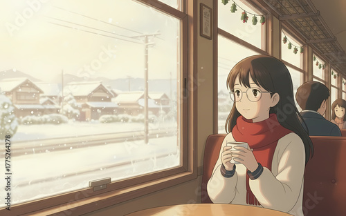 The girl is inside the train, sipping from a mug and looking out at the snowy village.