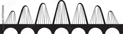 Illustration of a suspension bridge with arches and cables in black and white style