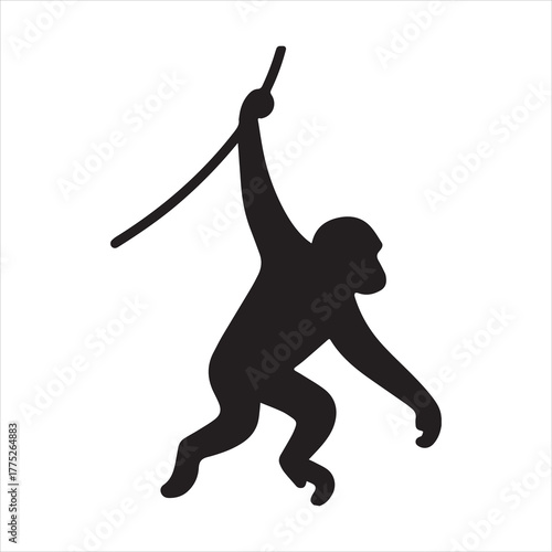 Silhouette monkey hanging on liana black vector illustration