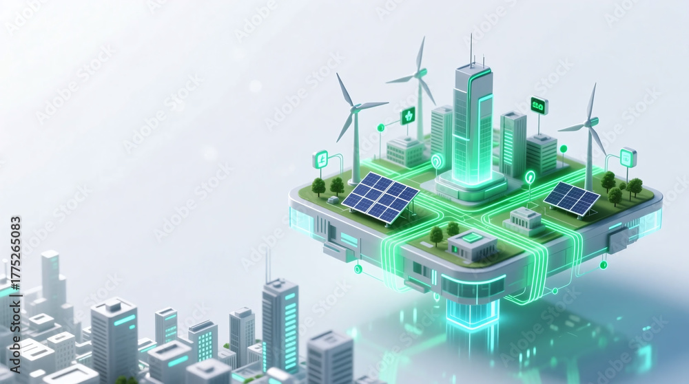 Obraz premium A futuristic cityscape showcases a vibrant green network of renewable energy sources, including solar panels and wind turbines, integrated into a sustainable urban environment with a holographic