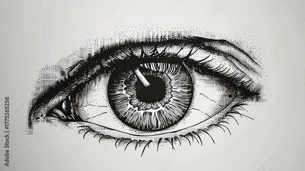 Obraz premium Detailed Eye Illustration in Black and White Close Up Artistic Style on White Background