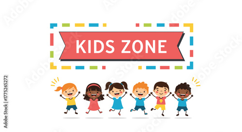 Cartoon banner with the text kids zone and happy diverse children jumping below.