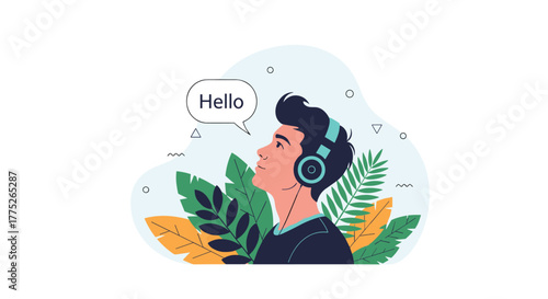 A young man with headphones looks up, engaged in communication or language learning, with a 'Hello' speech bubble and natural elements.