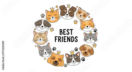A whimsical circle of cute cat and dog faces surround the text \ message.