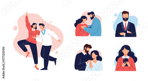 A collection of vector illustrations depicting diverse couples and individuals in various relatable scenarios.