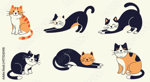 A cartoonish illustration showcases a collection of six charming and diverse cats in various poses, set against a neutral backdrop.