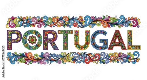 Vibrant and intricately detailed illustration of 'PORTUGAL' in decorative floral lettering, framed by colorful traditional scrolling borders.