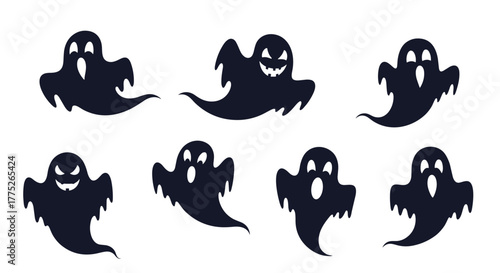A collection of spooky dark silhouette ghost illustrations with various facial expressions for Halloween and haunted themes.