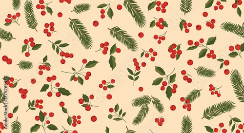 Festive pattern featuring scattered red berries, leaves, and evergreen boughs on a neutral background, perfect for holiday designs.