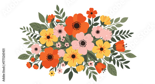 A colorful bouquet of flowers with orange, pink, and yellow blossoms arranged amidst lush green leaves for a cheerful floral design.