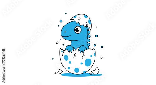 A cute blue dinosaur hatching from a white egg, with blue spots, on a white background, symbolizing new life and childhood.