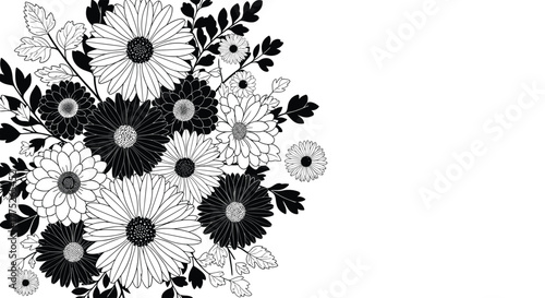 Black and white illustration of a floral arrangement with daisies and leaves.