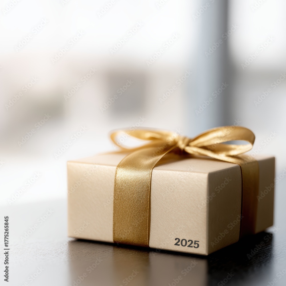 Fototapeta premium Wrapped present with gold ribbon labeled Bonus 2025 placed on business desk