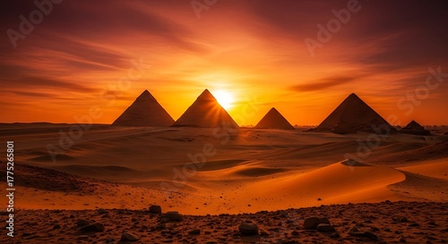 Magnificent Egyptian pyramids glow under a radiant sunset, inviting exploration and adventure in the golden desert landscape, perfect for travel inspiration
