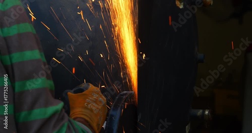 Worker or plumber using a cutting disc to cut metal