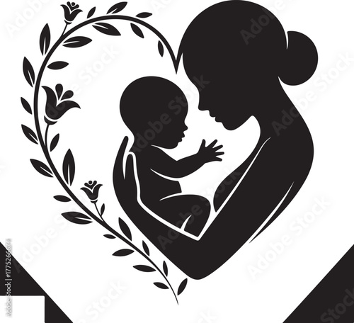 Mother and Baby Silhouette with Floral Heart Frame Vector Illustration