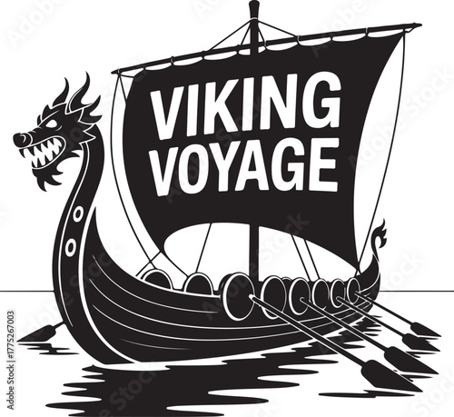 Viking Longship Silhouette with Dragon Heads - Black and White Vector Illustration