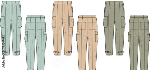 Technical flat fashion sketch of utility cargo pants in multiple colorways. Vector illustration concept for apparel design and clothing template
