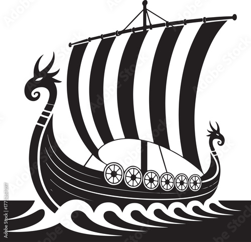 Viking Longship Silhouette with Dragon Heads - Black and White Vector Illustration
