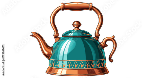 Elegant teal and bronze kettle illustration for kitchen decor, a warm beverage symbol