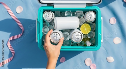 Hand reaching for a cold soda can in a cooler full of ice