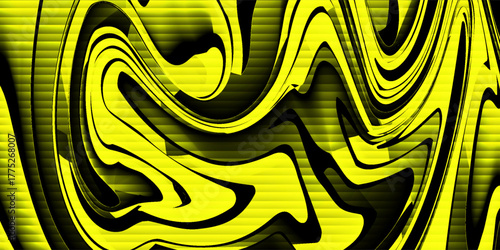 Abstract background of shiny yellow liquid gradient with dark stripes effect. Wavy striped glass refraction.