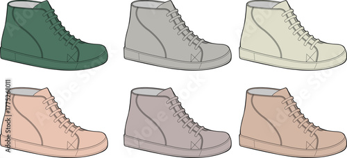 A collection of six distinct high-top sneakers, each rendered in a solid, versatile color, offering a diverse palette of casual footwear options for various personal styles and fashion statements