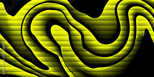 Abstract background of shiny yellow liquid gradient with dark stripes effect. Wavy striped glass refraction.