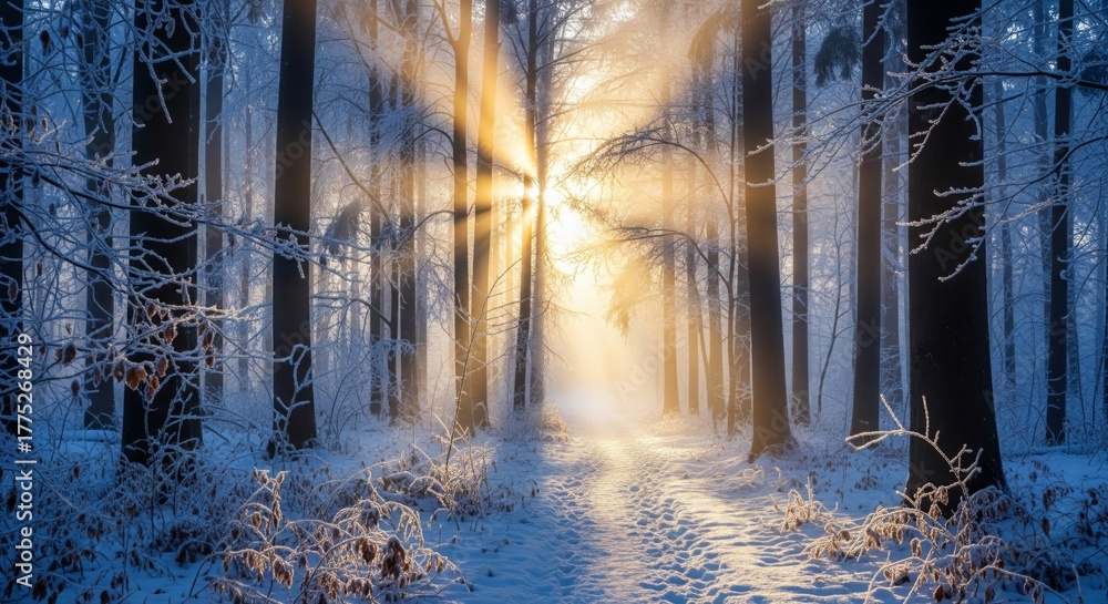 Naklejka premium Sunlight Filtering Through Snowy Trees in a Winter Forest Landscape