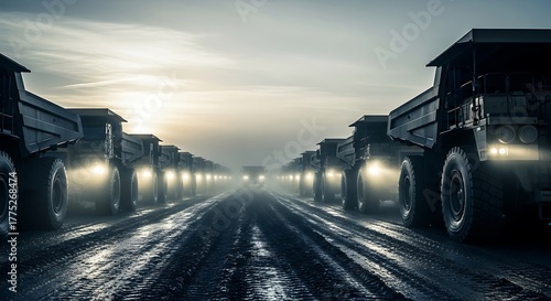 Powerful dump trucks lined up at dawn, ready for a hard day of work in the mining industry, conveying strength and industrial might with moody lighting