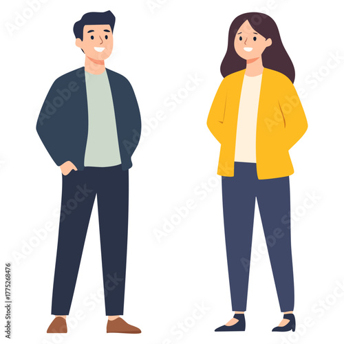 立ち話をする男女が穏やかに会話を交わし、協調と信頼を感じるミーティングの瞬間
