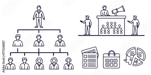 Illustration depicting organizational structure with hierarchy, presentation, and data charts