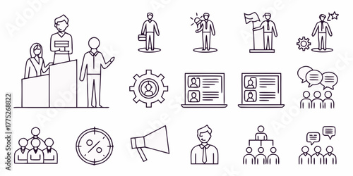Line art icons depicting business meetings, organizational structure, and communication concepts are shown