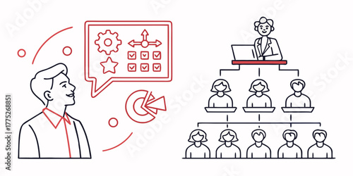 Man thinking about business strategy and organizational hierarchy with team management structure shown