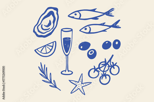 Seafood and aperitivo set, hand-drawn sketch vector illustration