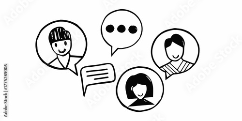 Illustration of four people in speech bubbles communicating and sharing ideas in a group discussion