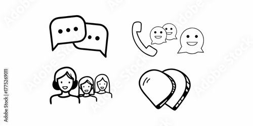 Illustration of communication icons including speech bubbles phone call and location markers design