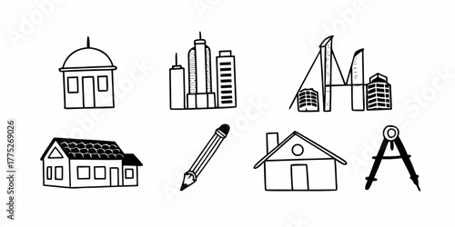 Illustration of architectural drawings including houses, buildings, a pencil, and a drawing compass tool