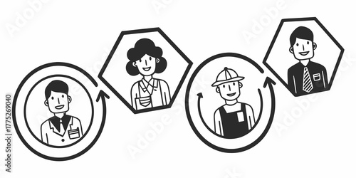 Illustration showing different professions in circles and hexagons with arrows in between