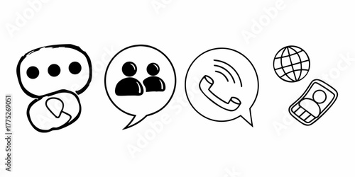 Doodle style icons representing chat, group, phone call, globe, and contact information icon set
