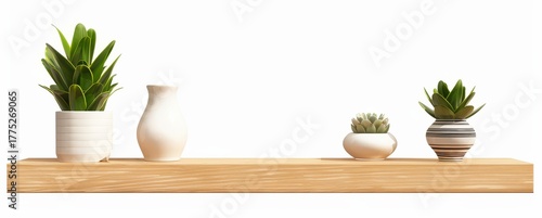 Minimalist plants and vases on wooden shelf studio shot clean aesthetic home decor botanical arrangement