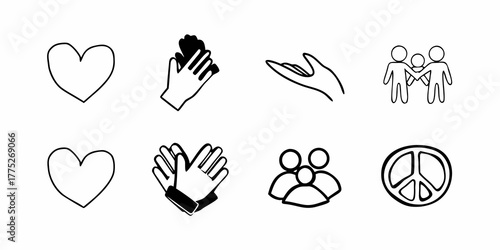 Collection of simple black and white line art icons featuring hearts hands people and a peace symbol