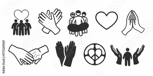 Collection of black and white illustrations depicting hands, hearts, and human connection symbols