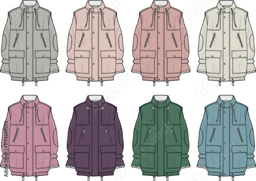 A diverse set of technical fashion flat sketches featuring a unisex utility parka jacket in a variety of vibrant colorways for apparel design