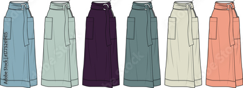 Set of technical fashion flat sketches of a long wrap skirt with a patch pocket and tie waist. Apparel design vector template shown in multiple colorways