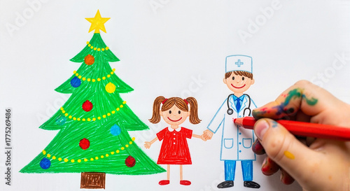 Children's drawing of a child and doctor at Christmas, perfect for pediatric marketing and health promotions 