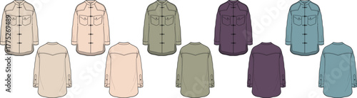 Diverse collection of illustrated utility shirts in assorted muted colors, ideal for fashion design, apparel concepts, and clothing inspiration projects