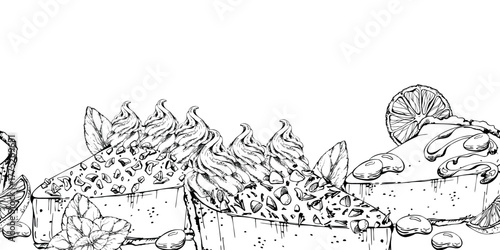 Meringue on cheesecake, chocolate torte with mint leaves, orange wedges, crushed nut garnish, ganache drizzle and cocoa-dusted bonbons. Hand drawn in vector ink. Seamless dessert border banner header.