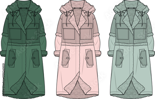 Vector illustration of a women's hooded winter parka design concept, presented as a technical flat sketch in three different colorways